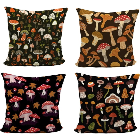 Mushrooms Pillow Covers 18x18 Set of 4,Vintage Botanical Mushroom Aesthetic Throw Pillow Cases,Mushroom Decor Aesthetic,Cottage Core Decor