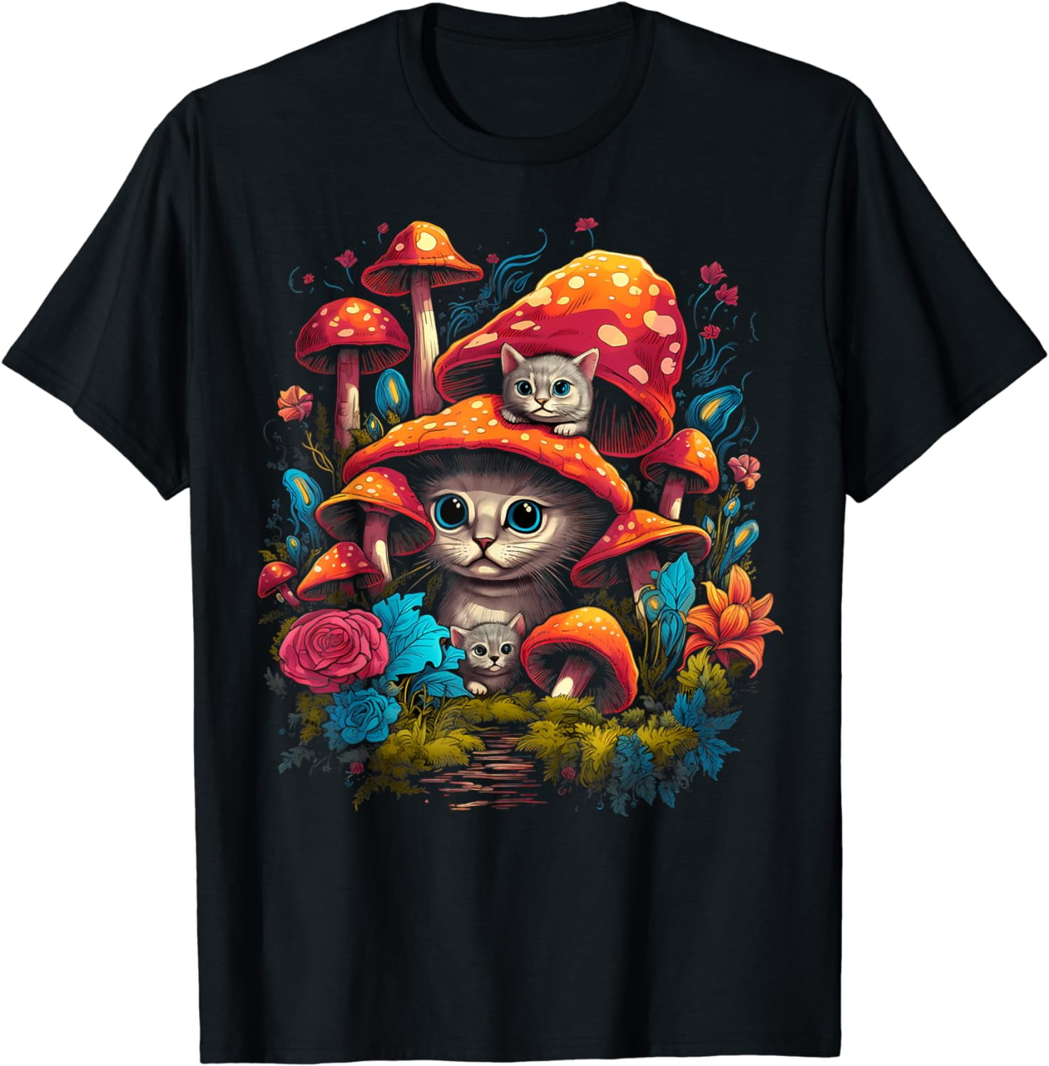 Mushrooms Psychedelic Cat Aesthetic Cottagecore Cat Lover T-Shirt ...