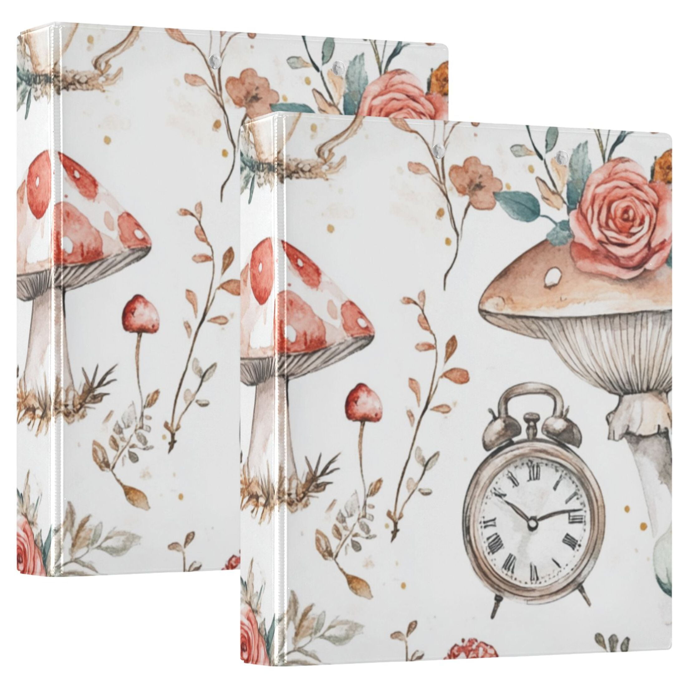 Mushrooms Roses Clocks 3 Ring Binders 1.5 inch Hardcover File Folders with Interior Pockets A4 Size Organizer for School Office Hospital Set of 2