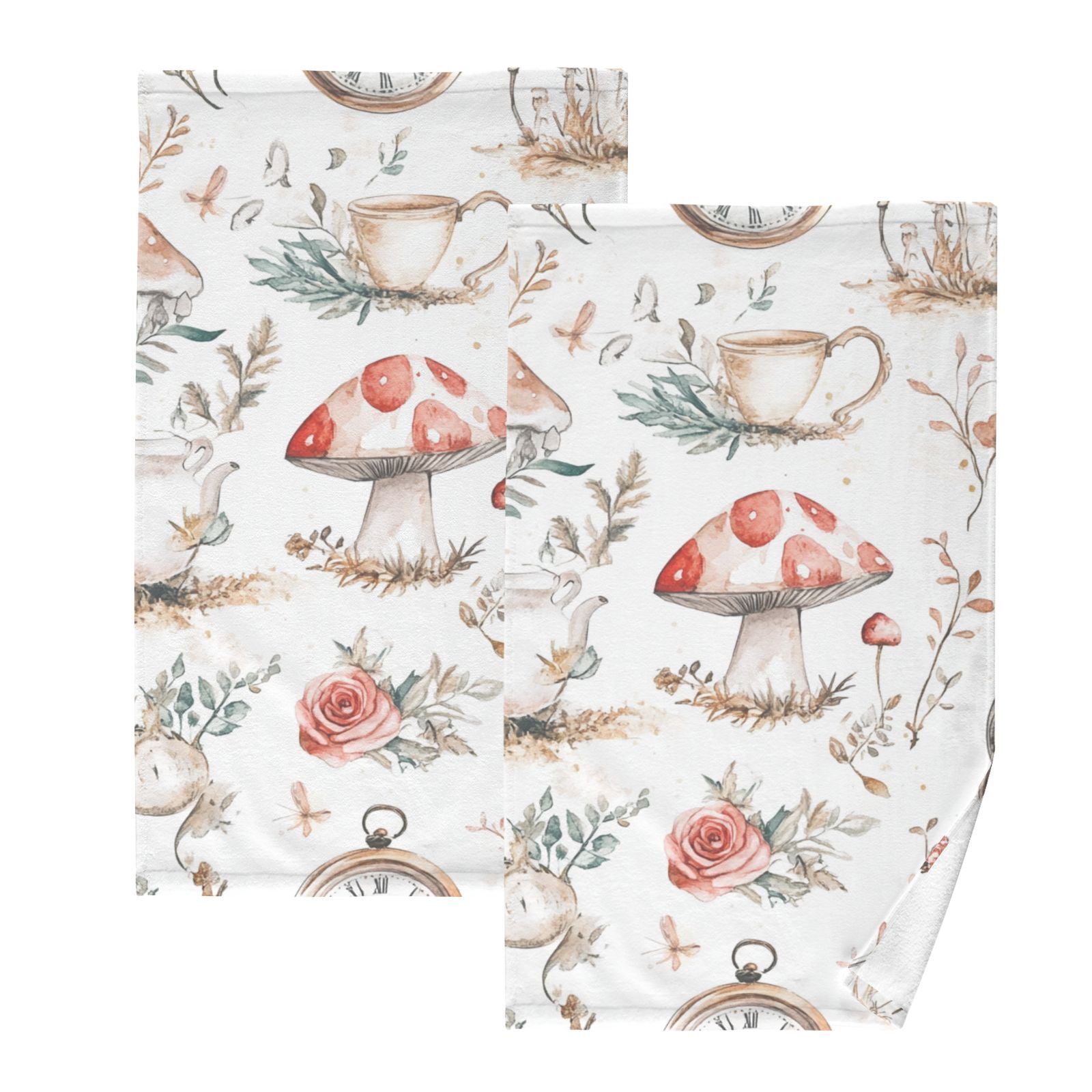 Mushrooms Roses Clocks Hand Towels Cotton Bath Towels Large Face Towels Absorbent for Bathroom 2 Packs