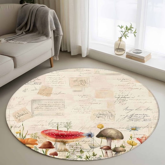Mushrooms Round Area Rug 3.3Ft Washable Circle Rugs for Dining Room Table, Spring Floral Farmhouse Botanical Non-Slip Carpet Floor Mats Indoor Outdoor Carpet Runner Aesthetic Home Decor