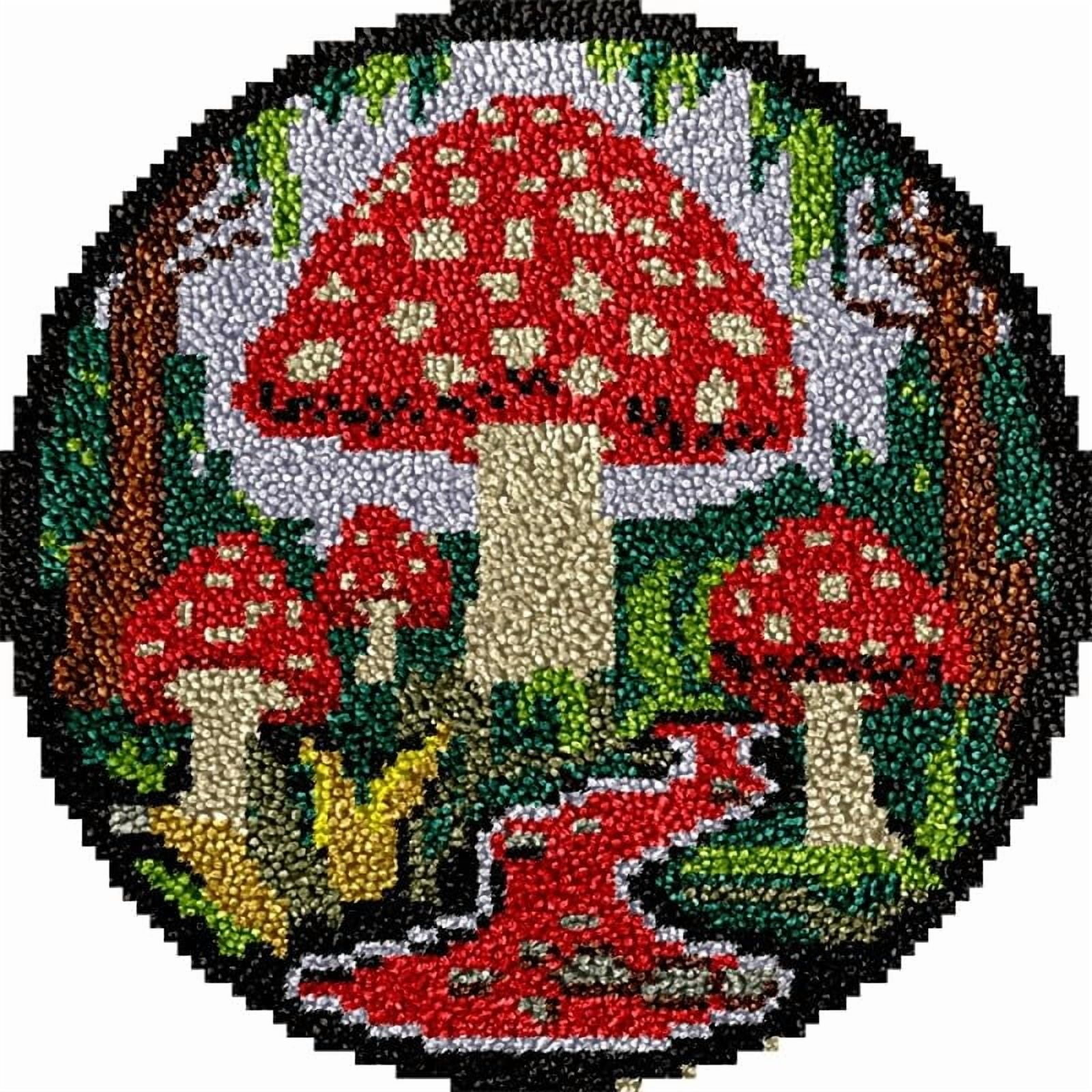 Mushrooms Round Shape Latch Hook Rug Kits Set for Starter Crochet Hook Cushion Mat Sofa Seat Cushion Crocheting Kits with Preprinted Canvas Crochet Yarn Kits 50X50cm (ui137)