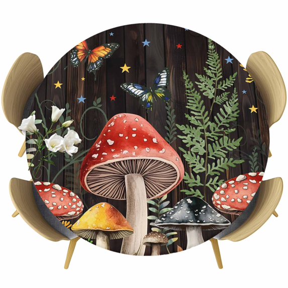 Mushrooms Round Tablecloth, Fitted Table Cover with Elastic for 55"-60" Round Tables, Butterfly Botanical Country Plants Black Table Cloth Outdoor Indoor Dinning Party Waterproof Tablecloths