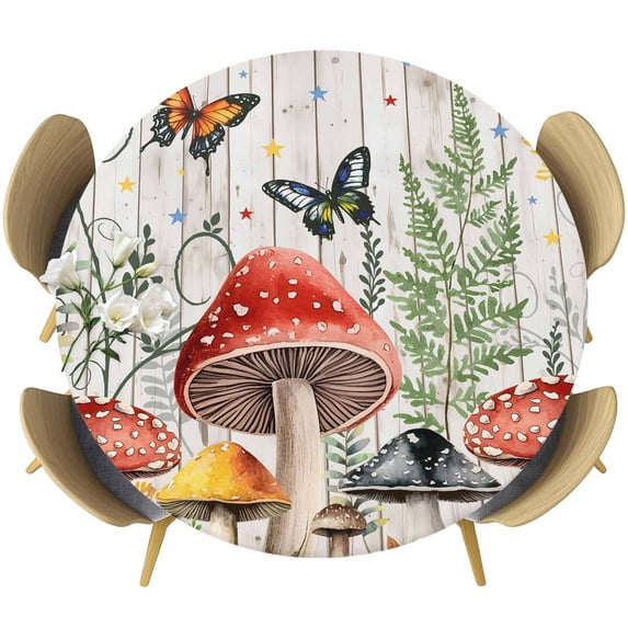 Mushrooms Round Tablecloth, Fitted Table Cover with Elastic for 55"-60" Round Tables, Butterfly Botanical Country Plants White Wood Table Cloth Outdoor Indoor Dinning Party Waterproof Tablecloths