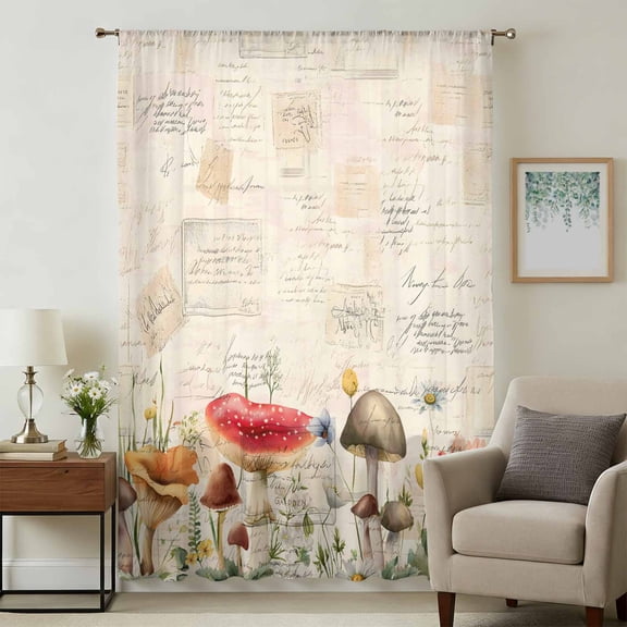 Mushrooms Sheer Curtains 45 Inches Long, Spring Floral Farmhouse Botanical Light Filering Curtains, Breathable Simi Curtain Privacy Drapes for Kitchen Bathroom Lightweight Small Window Treatment