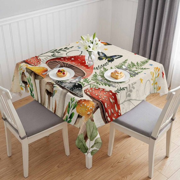 Mushrooms Table Cloth Waterproof Tablecloths, Butterfly Botanical Country Plants Beige Tablecloth Dining Table Cover for Kitchen Party Tabletop Outdoor, Square Tablecloth 60x60 Inch