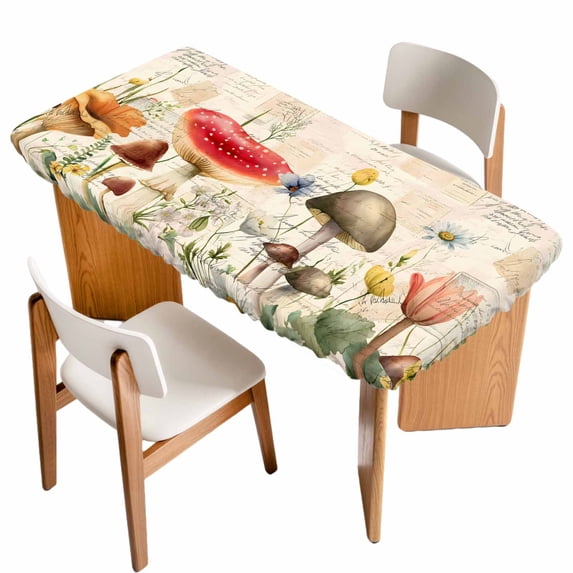 Mushrooms Table Cloths for 6 Foot Rectangle Tables, Spring Floral Farmhouse Botanical Patio Waterproof Elastic Fitted Tablecloths, Washable Rectangular Table Cover for Camping