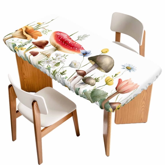 Mushrooms Table Cloths for 6 Foot Rectangle Tables, Spring Floral Farmhouse Botanical Watercolor Patio Waterproof Elastic Fitted Tablecloths, Washable Rectangular Table Cover for Camping