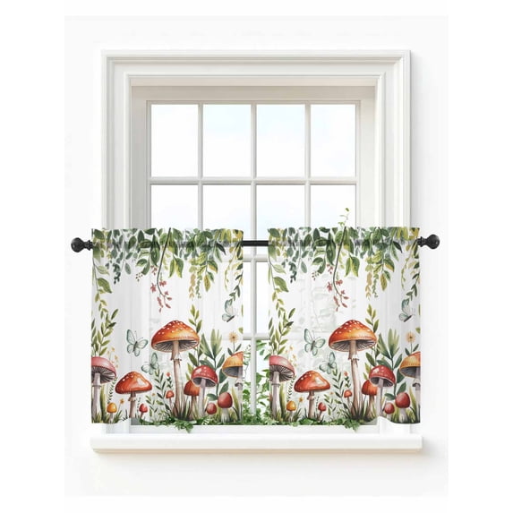 Mushrooms Tier Curtains 36 Inch Length,Sheer Curtains for Bedroom Living Room Window Spring Flowers Leaves Butterflies Botanical Small Half Window Kitchen Curtains & Drapes 27.5"x36" 2 Panels