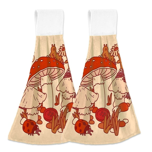 Mushrooms & Tiny Friends Hanging Kitchen Hand Towels Sets with Loop Hand Towels Kitchen Tie Towel 2pcs