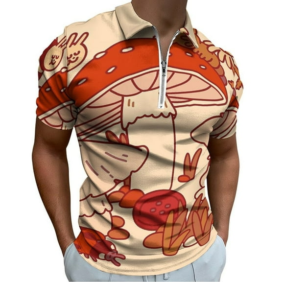 Mushrooms & Tiny Friends Men Zipper T-shirt Summer Casual Short Sleeve T-shirt Top