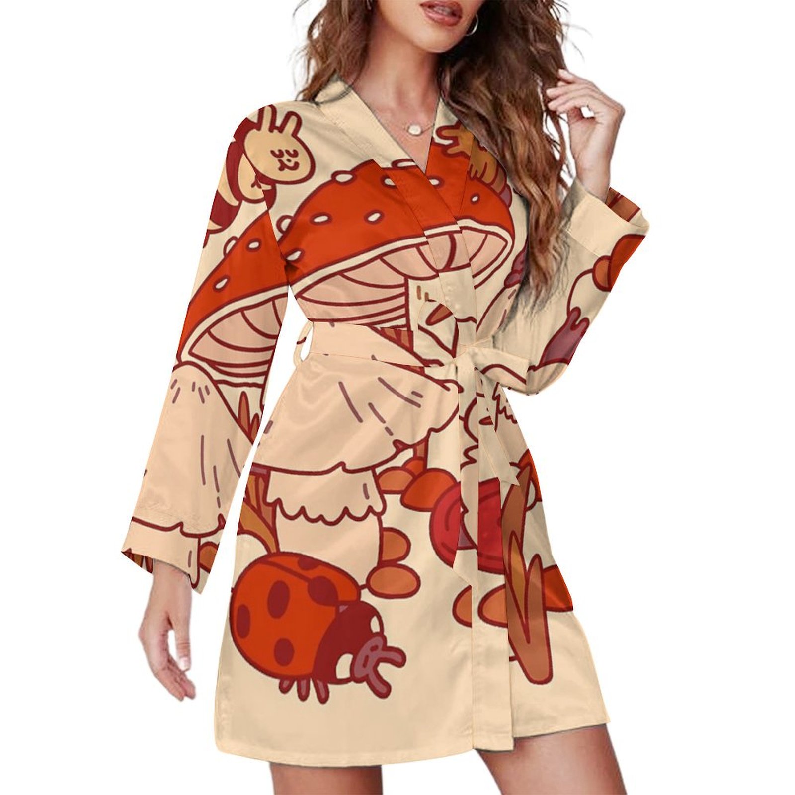 Mushrooms & Tiny Friends Night Robe Long Sleeve V Neck Robe With Belt ...