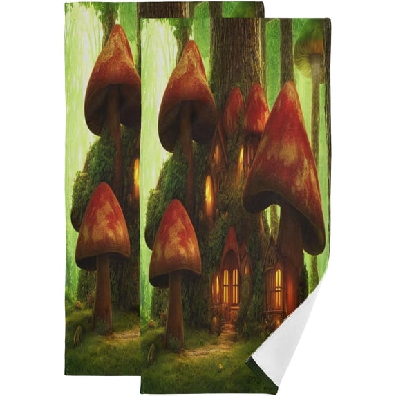 Mushrooms Tree House Hand Towels 2 PCS, Fantasy Forest Kitchen Towel Ultra Soft and Highly Absorbent,Decorative Fingertip Face Towel for Bathroom Hotel, 28.3"x14.4"