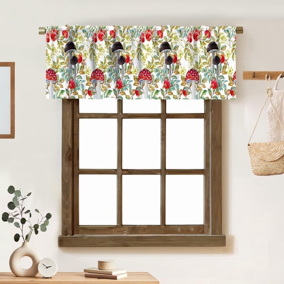 Mushrooms Valance Curtain Dogrose and Mushrooms Fall Leaves Berries Amantias Nature Rod Pocket Valance Window Treatments 1 Panel Short Curtains for Kitchen Living Room Decor 54 x 18 in