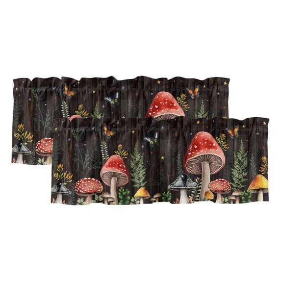 Mushrooms Valances for Windows, Decorative Rod Pocket Window Valance Curtains, Butterfly Botanical Country Plants Black Short Curtain Drapes for Kitchen/Bathroom/Living Room, 2 Panels, 60" W x 18" L