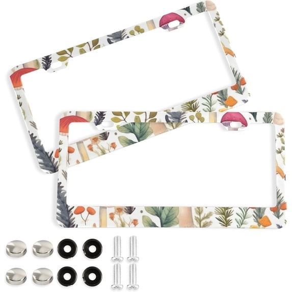Mushrooms Watercolor Pattern 2 Pack License Plate Frames,Universal Aluminum Car License Plate Covers with 2 Holes and Screws Home Decor
