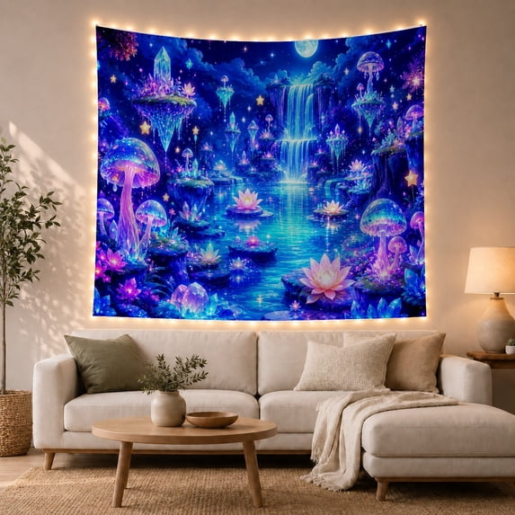 Mushrooms and Waterfall in Moonlit Forest with Floating Islands, Dreamy Fantasy for Nature Lovers, Magical Forest Art Decor, Housewarming Gift Tapestry Wall Hanging for Bedroom and Living Room