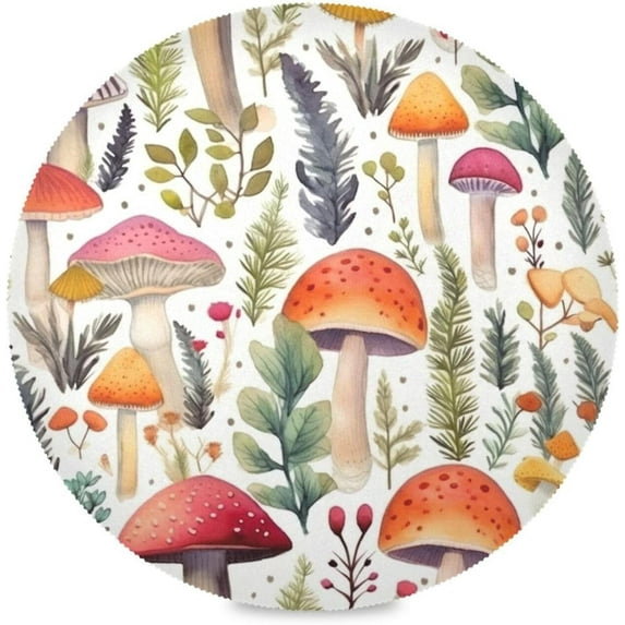 Mushrooms White Round Placemats Washable Placemats Non-Slip Heat-Resistant Table Place Mats for Dining Kitchen Holiday Party Table 15.4"-4PCS Home Decor