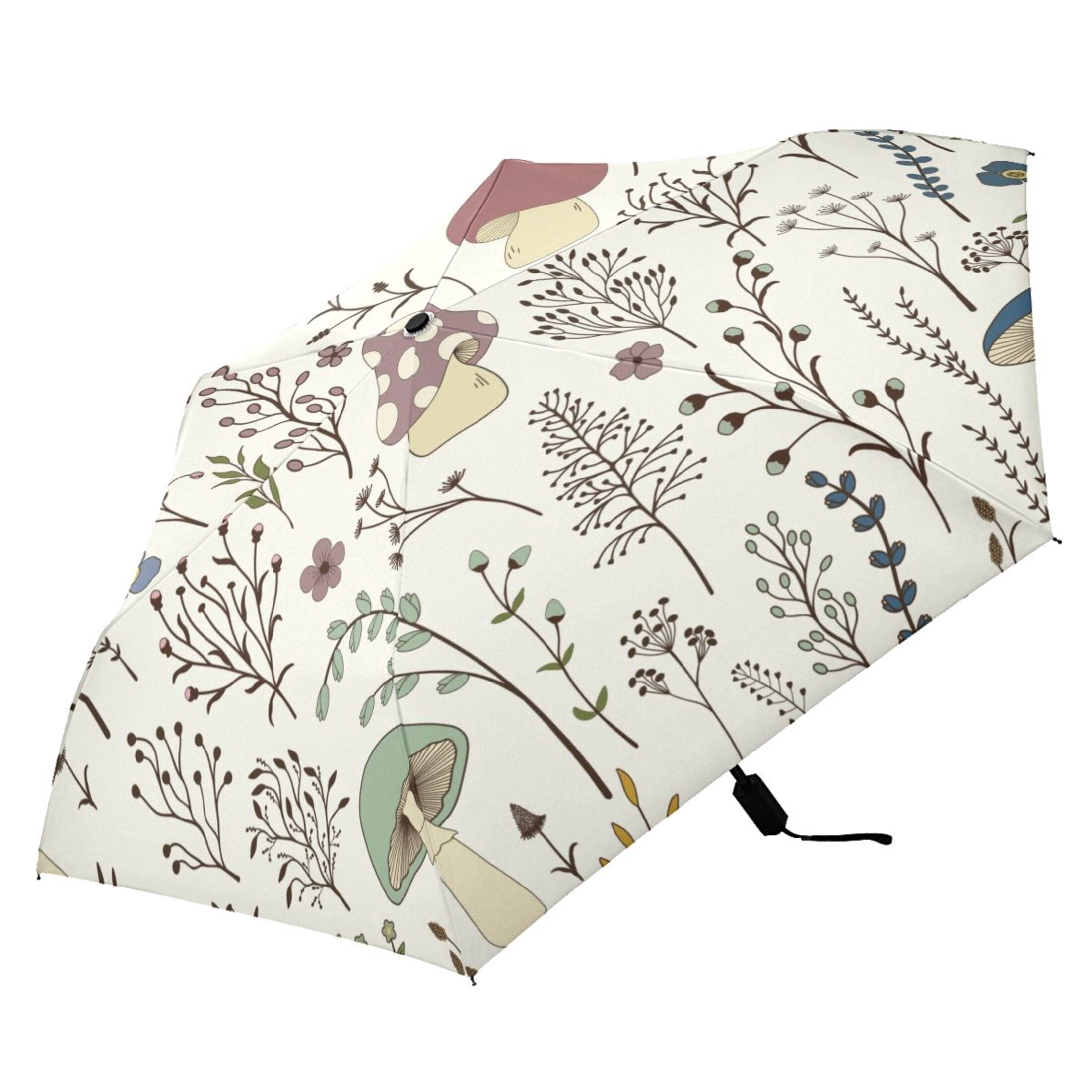 Mushrooms and Floral Compact Folding Umbrella for Rain Windproof Travel Umbrella UPF 50+ Lightweight Packable Arc Size