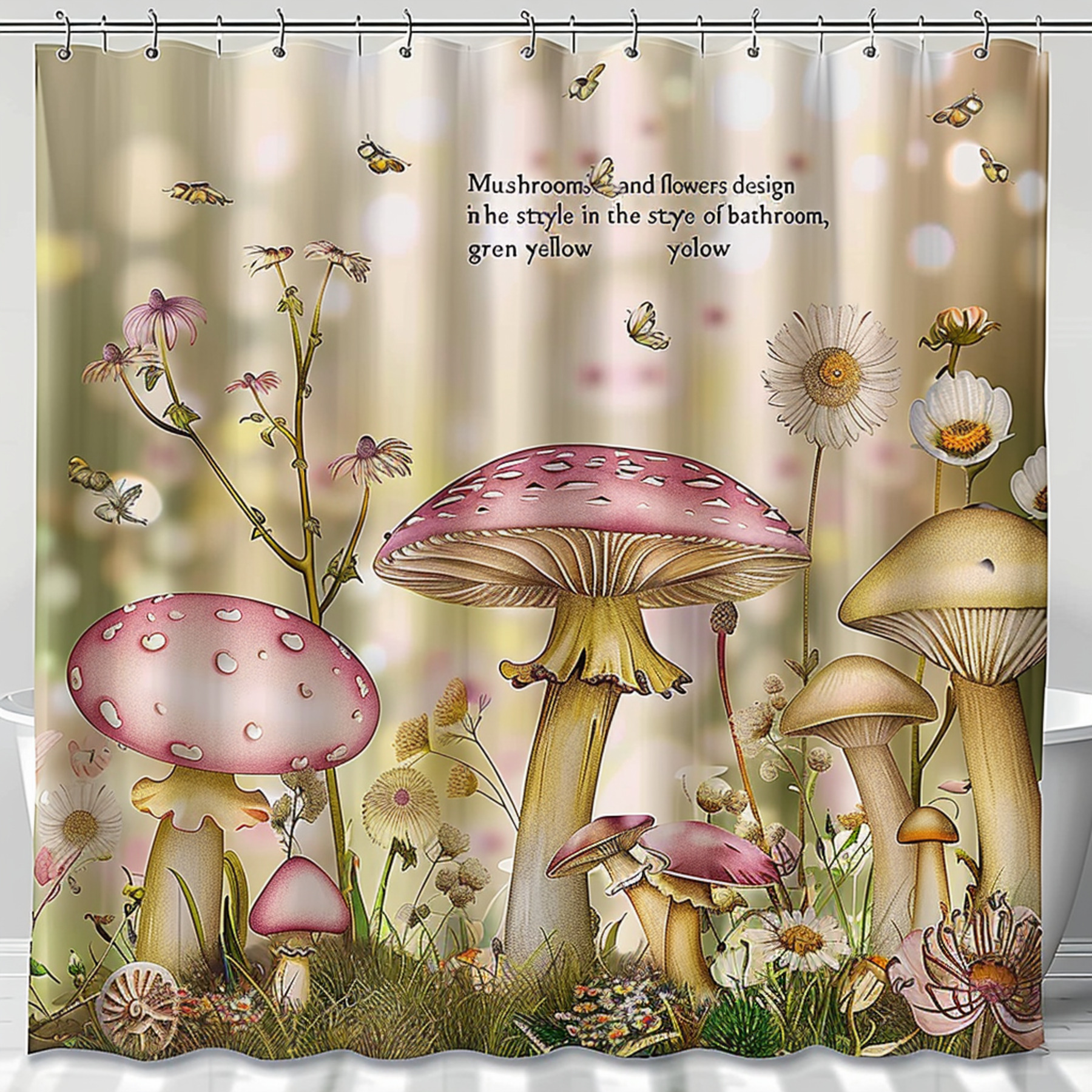 Mushrooms and Flowers Meadow Bathroom Shower Curtain Pink Beige White Brown Green Yellow Design