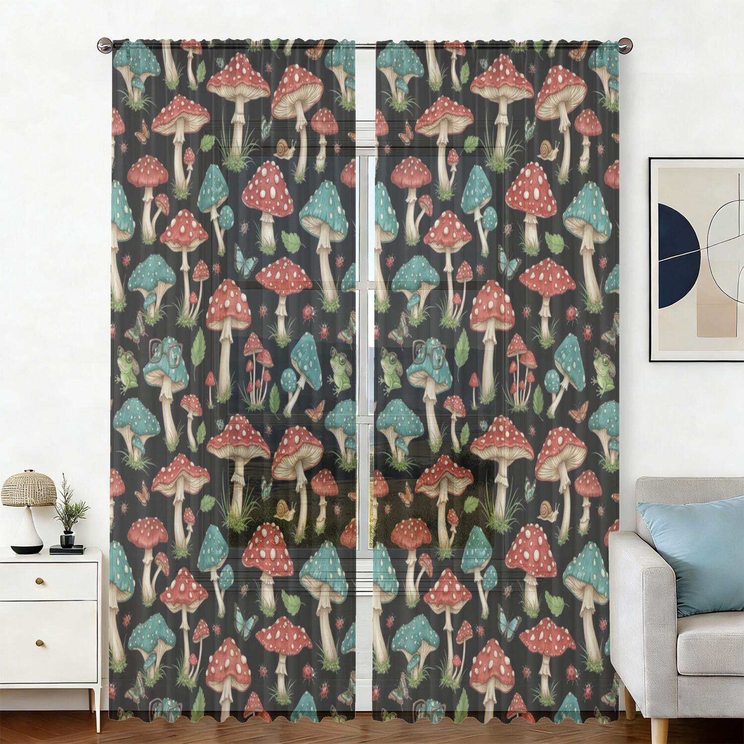 Mushrooms and Frogs Black Pattern Sheer Curtains, Voile Drapes with ...