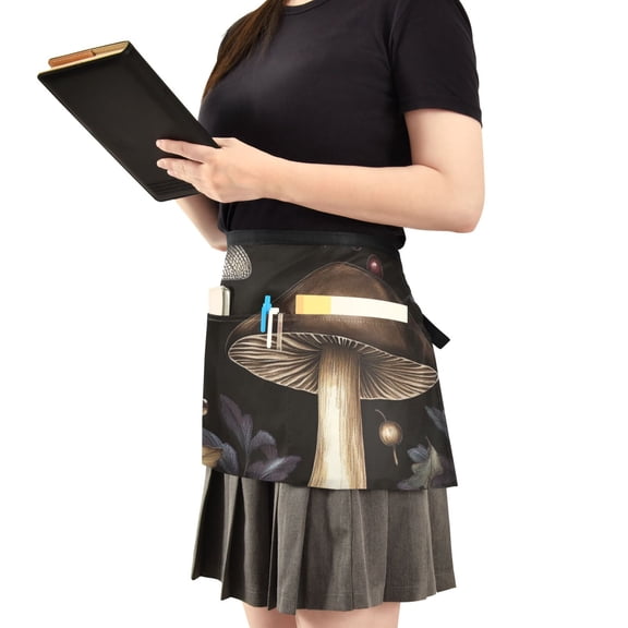 Mushrooms and Leaves Vintage Server Apron with 3 Pockets Waist Apron for Waiter Waitress