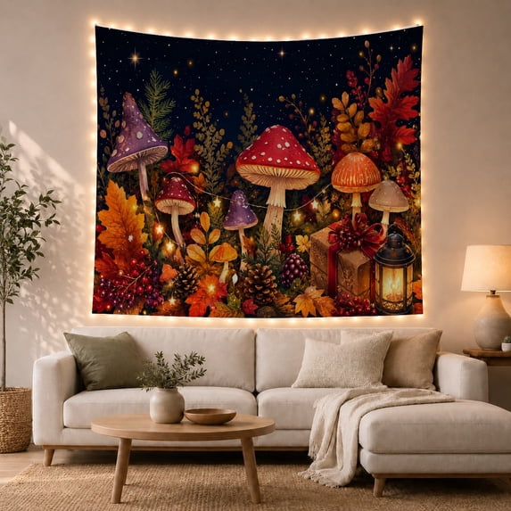 Mushrooms in a Starry Forest Tapestry Wall Hanging
