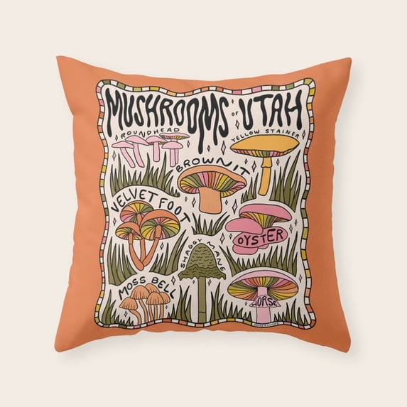 Mushrooms of Utah Field Guide Art Orange, Polyester Velvet Throw Pillow ...