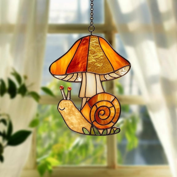 Mushrooms with Snail Faux Stained Glass Suncatcher, Autumn Window Hanging Decor, Cottagecore Gift for Friends, Coworkers, and Mushroom Lover