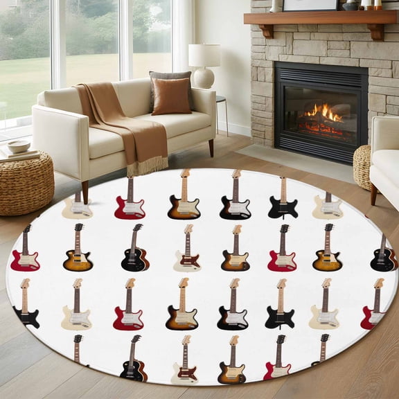 Music 8' Round Area Rug, Red Beige Guitar Modern Art Washable Non-Slip Large Circle Rugs for Living Room Bedroom, Soft Low Pile Rug Carpet for Dining Room Kitchen Farmhouse