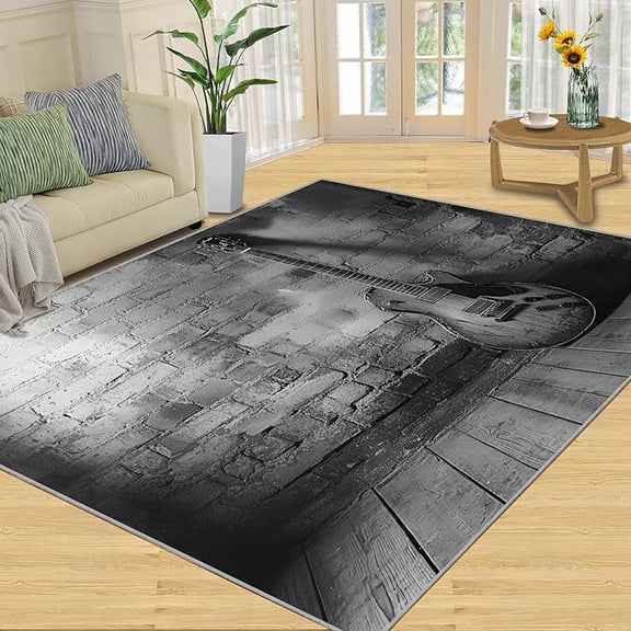 Music Area Rug, Guitar Area Rugs for Living Room, Rustic Washable Rugs for Bedroom, Old Brick Wall Carpet, Guitar Carpet - Music Home Decor 2 x 3ft