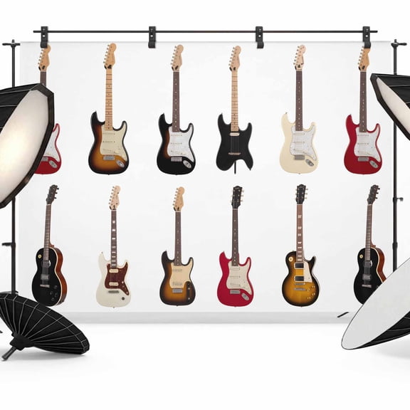 Music Backdrop for Photography, Fabric Photo Background Backdrop, Red Beige Guitar Modern Art Photo Booth Background for Portrait Photoshoot Video Wedding Studio Decoration Banner 12x8ft