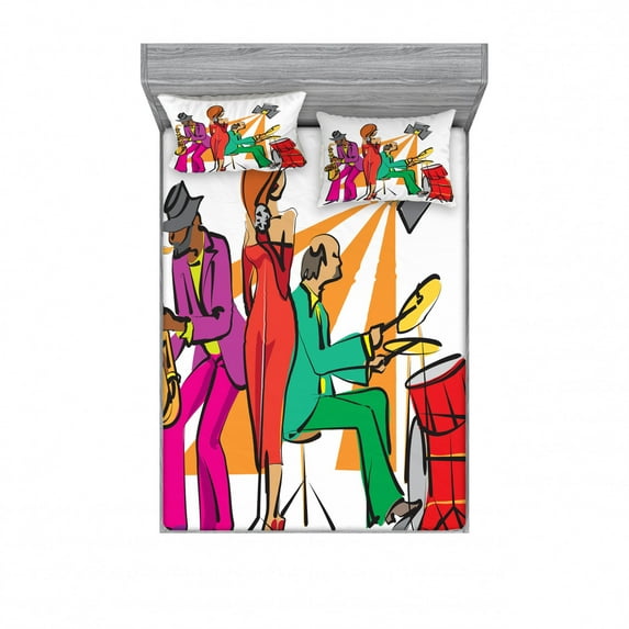 Music Bedding Set with Sheet & Covers, Jazz Band Playing on the Stage with Singer and Illustration of Neon Artwork Print, Printed Bedroom Decor 2 Shams, 4 Sizes, Multicolor, by Ambesonne