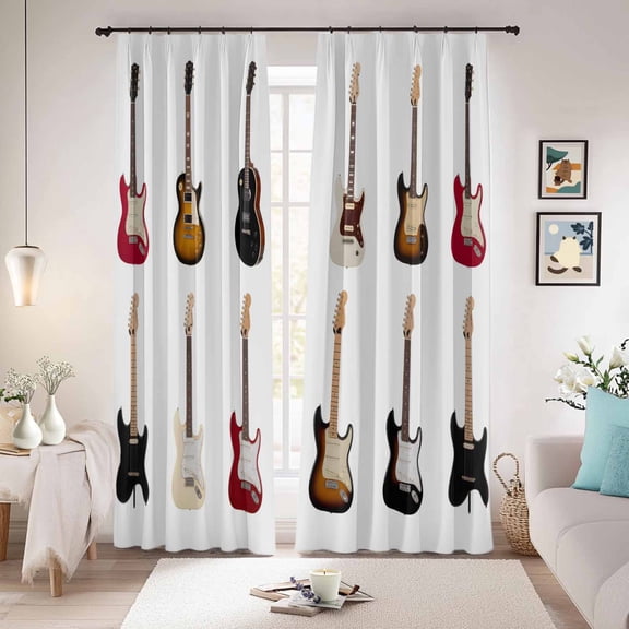 Music Blackout Curtains for Bedroom/Living Room, Pinch Pleated Black Out Curtains, Red Beige Guitar Modern Art Room Darkening Window Drapes with Hooks 2 Panels, 39"x70"