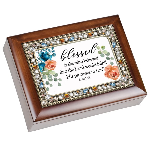 Cottage Garden Blessed Is She Who Believed Espresso Finish 8 x 6 Inch Music Box Plays Tune How Great Thou Art
