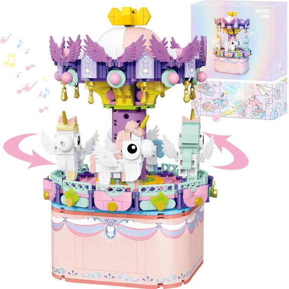 Music Box Building Toys, Rotating Carousel DIY Building Block for Girls and Boys 6-12 Years Old, 874 pcs, STEM Construction Toy Valentine for Adults