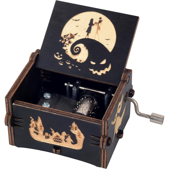 Music Box Cute Hand-Crank Musical Box This is Halloween Melody Gifts for Halloween Christmas Valentines Day Birthday Home Decor Wooden Black