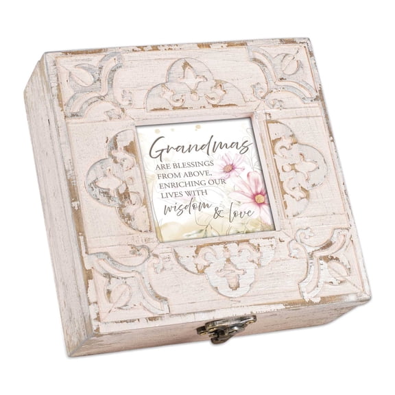 Cottage Garden Grandmas Are A Blessing 6 x 6 x 2.25 Inch, Durable MDF Petite Fleur De Lis Carved Pale Blush Pink Memory Keepsake Music Box, Plays Music of Amazing Grace