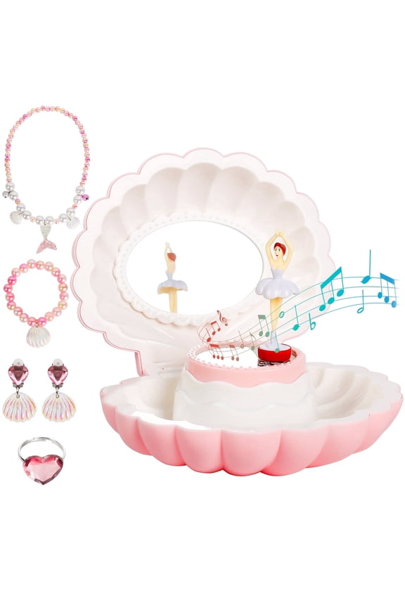 Music Box with Jewelry Set, Shell Music Box with LED Light, Ballerina Melody Box With Mirror for Birthday, Christmas Gifts, Pink and White Musical Jewellery Box for Kids, Girls, Daughters, Nieces