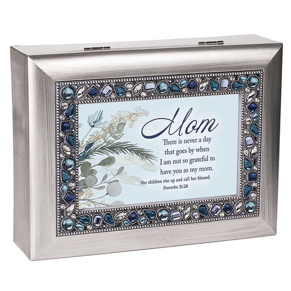 Cottage Garden Mom Grateful - Proverbs 31:28 - Brushed Silver/Blue 8 x 6 Inch Poly-Cast Resin Musical Jewelry Box