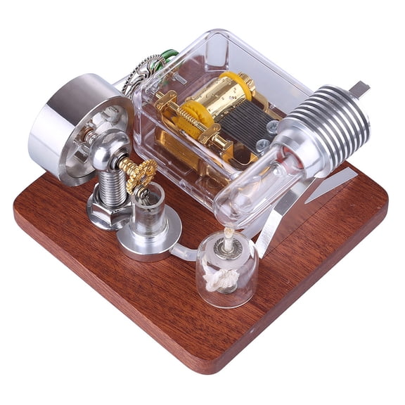 Music Box Stirling Engine Model  Heat Powered Mechanical Engine with Integrated Music Mechanism, Silver Metal Structure, Desktop Thermodynamics Demonstration for Adults