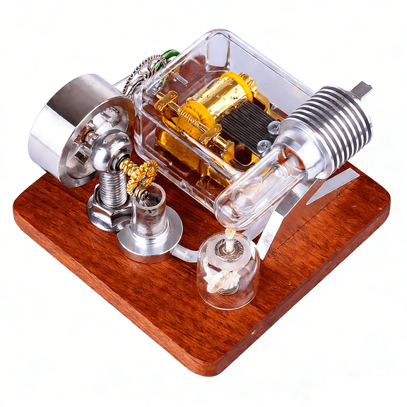 Music Box Stirling Engine Model Heat Powered Mechanical Engine with Integrated Music Mechanism, Silver Metal Structure, Desktop Thermodynamics Demonstration for Adults