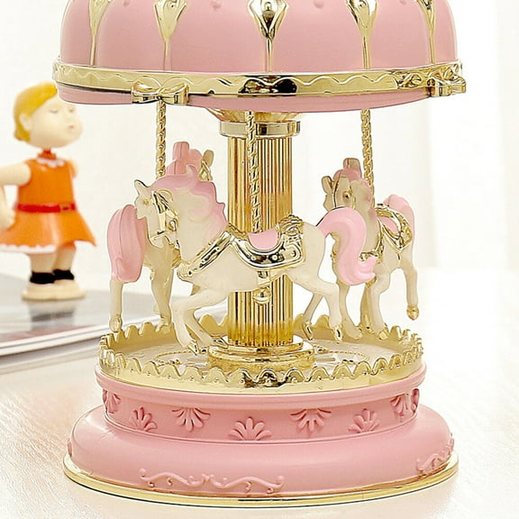 Music Boxes for Girls, 3-Horse Rotating Christmas Music Box Change LED Lights-Pink