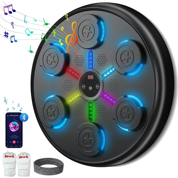 Music Boxing Machine for Adults & Kids - Wall Mounted Punching Machine with LED & Bluetooth, Smart Boxing Trainer for Home Gym, Reflex Speed Training & Stress Relief