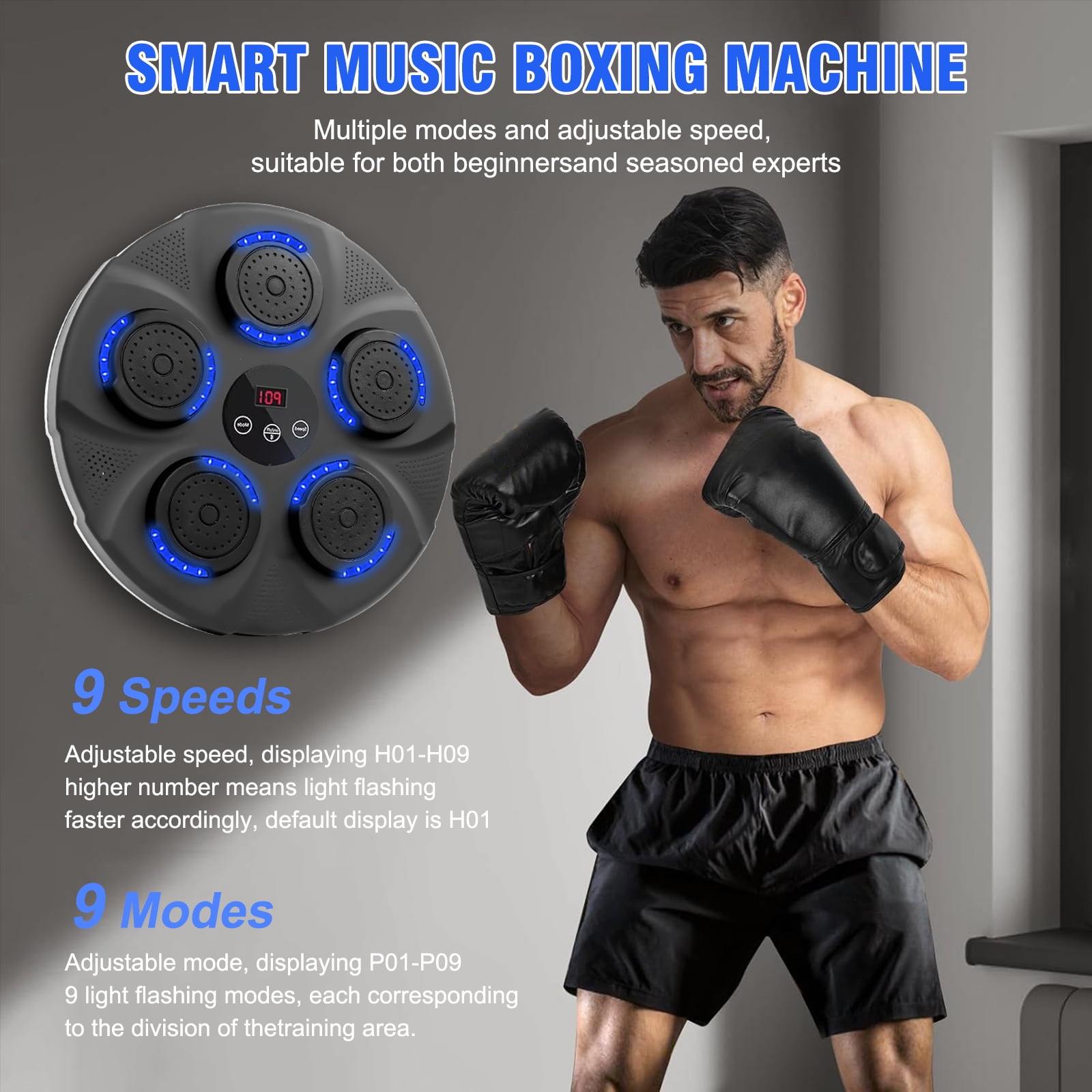 Music Boxing Machine with Boxing Gloves, Wall Mounted Smart Bluetooth Music Boxing Trainer, Electronic Boxing Target Workout Punching Equipment for Home, Indoor and Gym, Blue Lighting