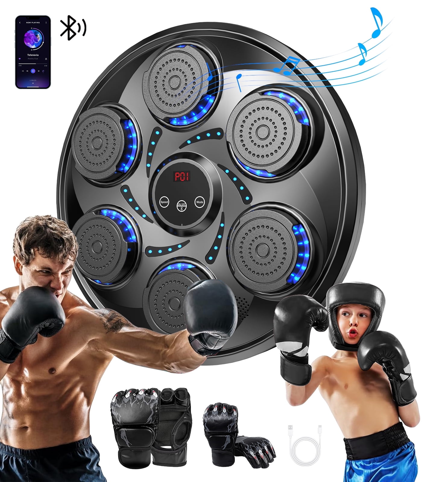 LNOW Adults/Teenagers Music Boxing Machine with 2 Pairs Boxing Gloves, Wall Mounted Smart Bluetooth Music Boxing Trainer, Electronic Boxing Target Workout Punching Equipment for Home, Indoor and Gym