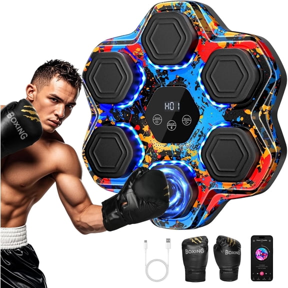 Music Boxing Machine - Interactive Punching Trainer with Boxing Gloves, Large Wall-Mounted Electronic Punching Bag for Adults and Kids, Featuring 9 Modes & 9 Speeds, Bluetooth Connectivity