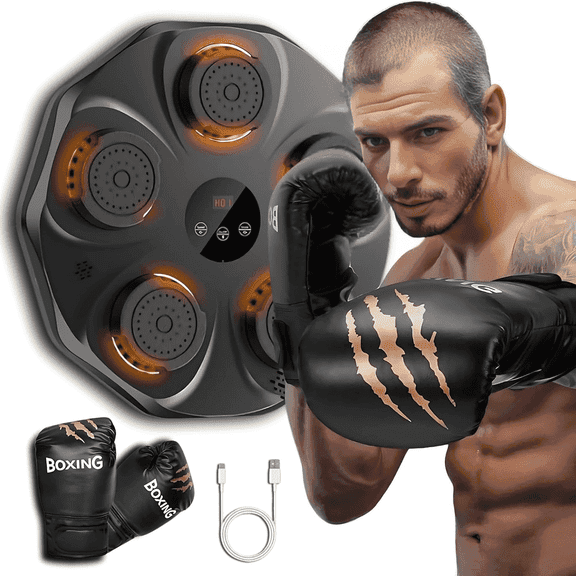 Music Boxing Machine - Smart Wall-Mounted Boxing Trainer with 9 Modes & Speeds, Bluetooth Music, LED Display, Gloves & USB Cable for Professional Training & Fitness - Orange
