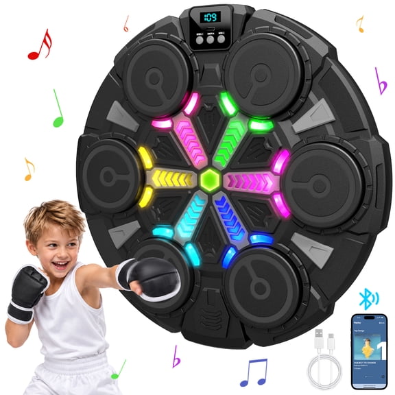 Music Boxing Machine for Kids and Adults, Wall Mounted Bluetooth Punching Pad with LED Rhythm Lights, 3 Training Modes, 5/6 -Level Speed, 2 Player Battle Mode, Boxing Target Machine for Home