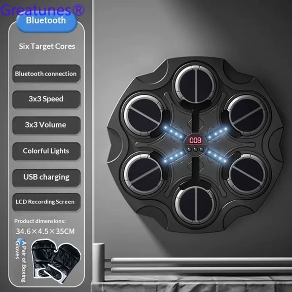 Music Boxing Wall Target, Smart LED Wall Mount Boxing Pad, 9 Speed Modes, Adjustable Height, No Drill, Gloves Included